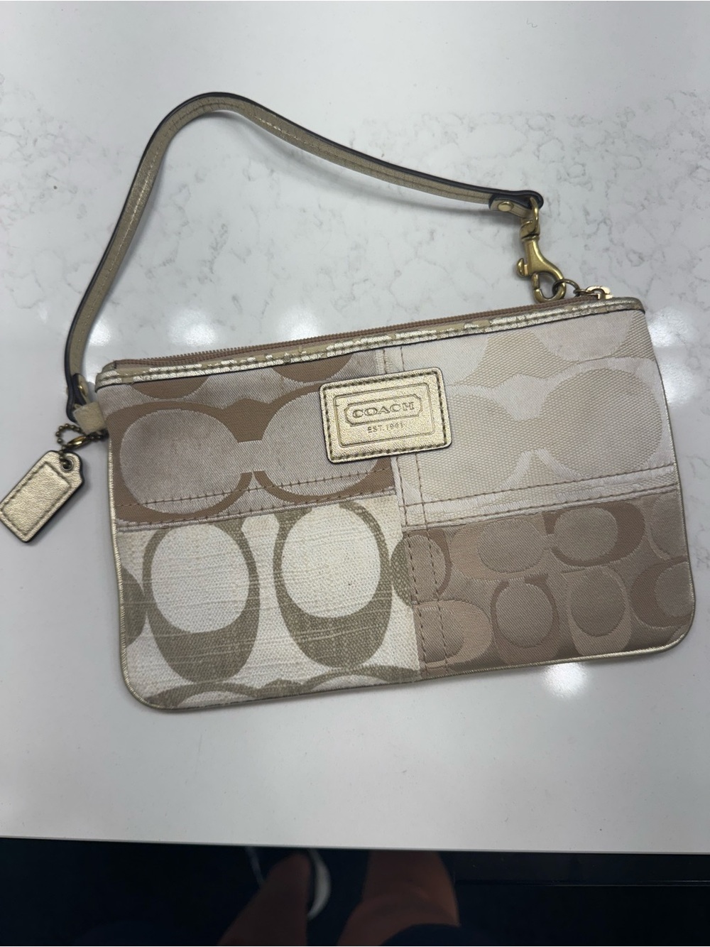 Coach Patchwork Signature Wristlet in Beige and Taupe